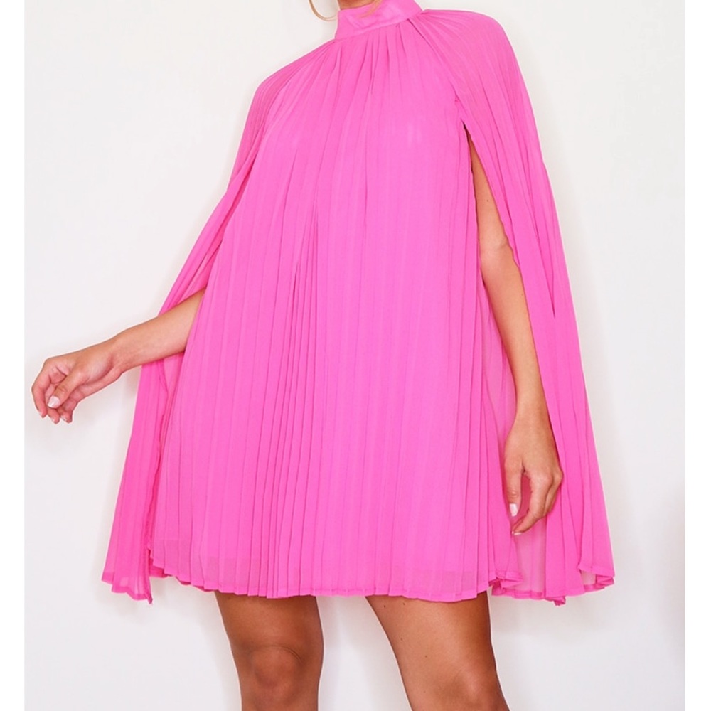 Bright Pink Pleated Cape High Neck Shift Dress